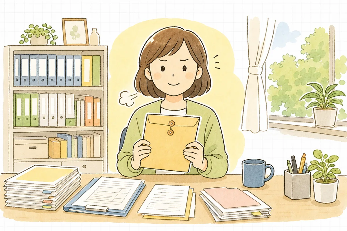届いた運営指導の通知の封筒を手に、少し緊張しながらも気持ちを整える介護事業所の事務担当者