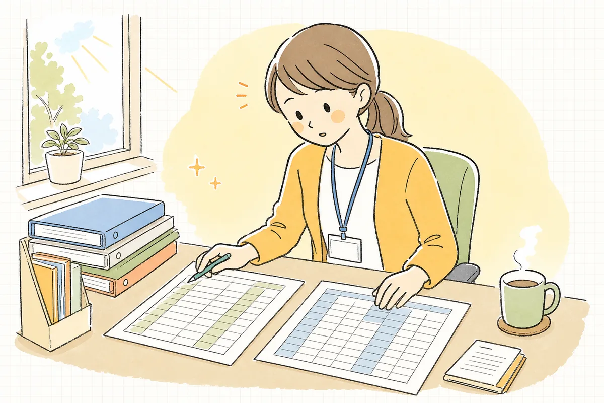 事務室の机で利用者の要介護度の一覧と勤務表を見比べ、加算の要件を確認している介護事業所の事務担当者