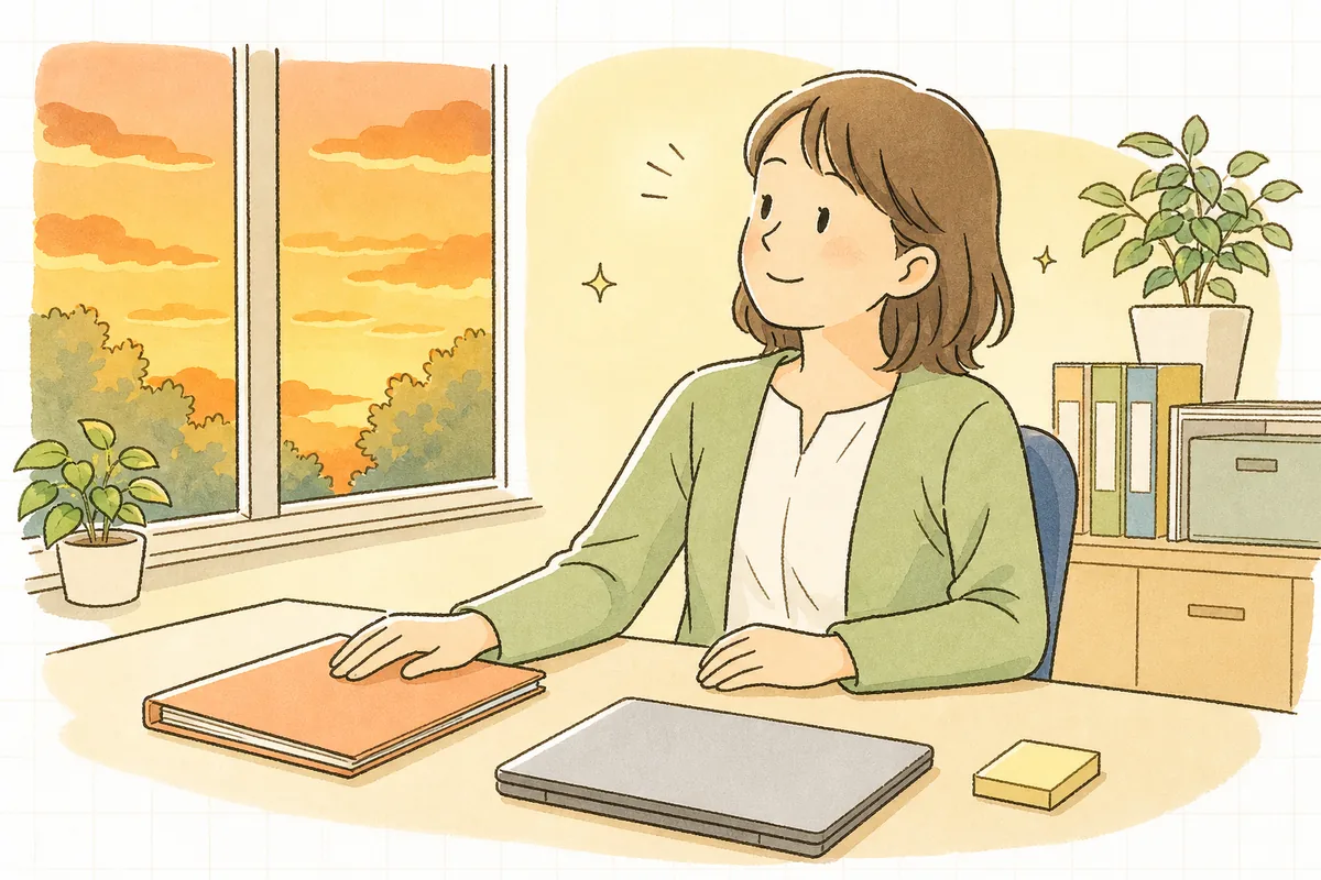 夕方の介護事業所の事務室で、利用者一覧の確認を終えてファイルを閉じ、窓の外のやわらかな夕焼けを見ながらほっとした笑顔を浮かべている事務担当者