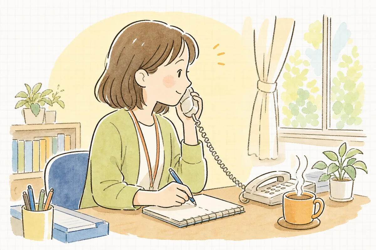 相談室の固定電話でご家族と話しながら、誠実なまなざしでメモを取る介護事業所の相談員