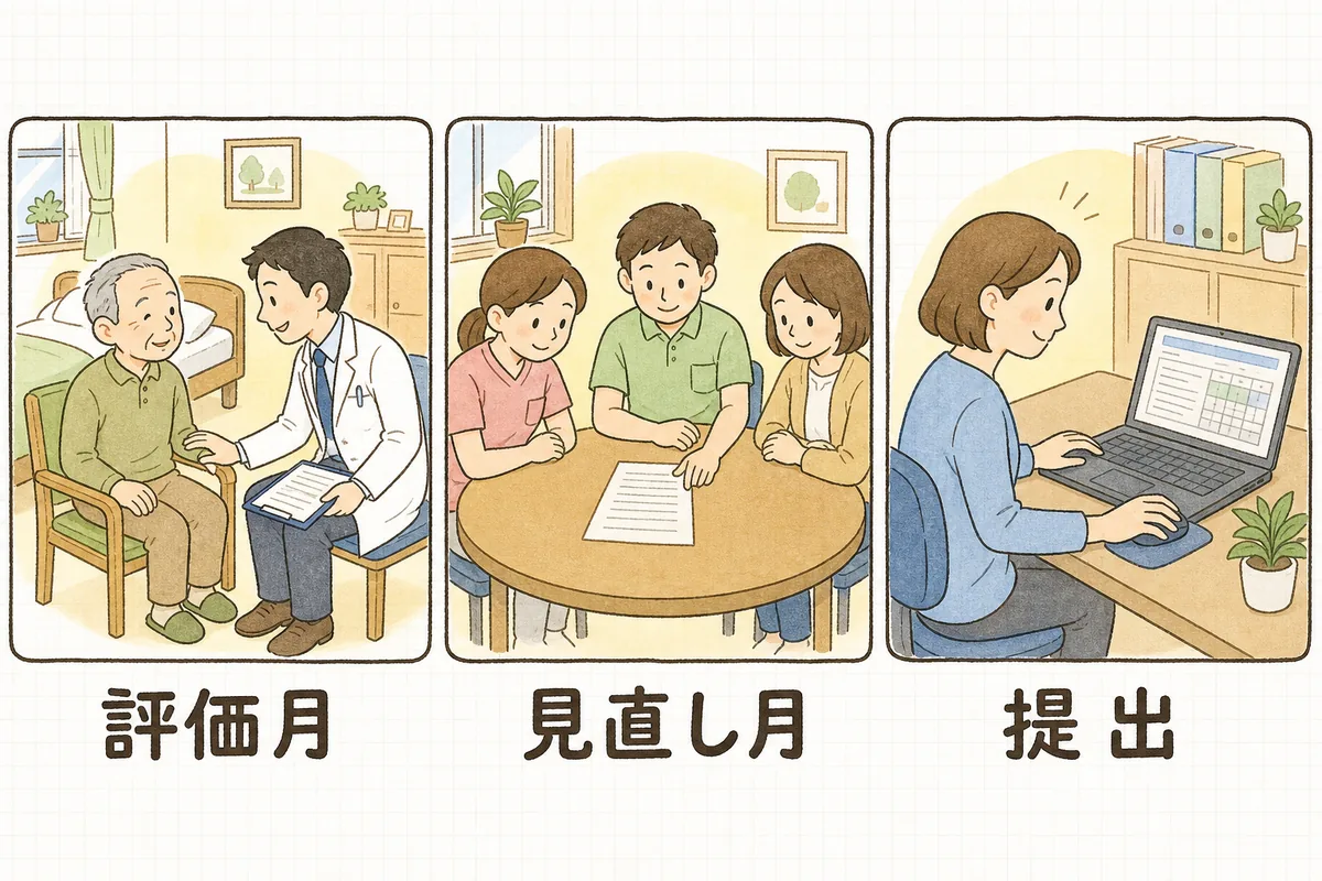 評価・支援計画の見直し・LIFEへの提出という3つの場面を横に並べ、それぞれの時期を事務が追いかける流れを示した説明図