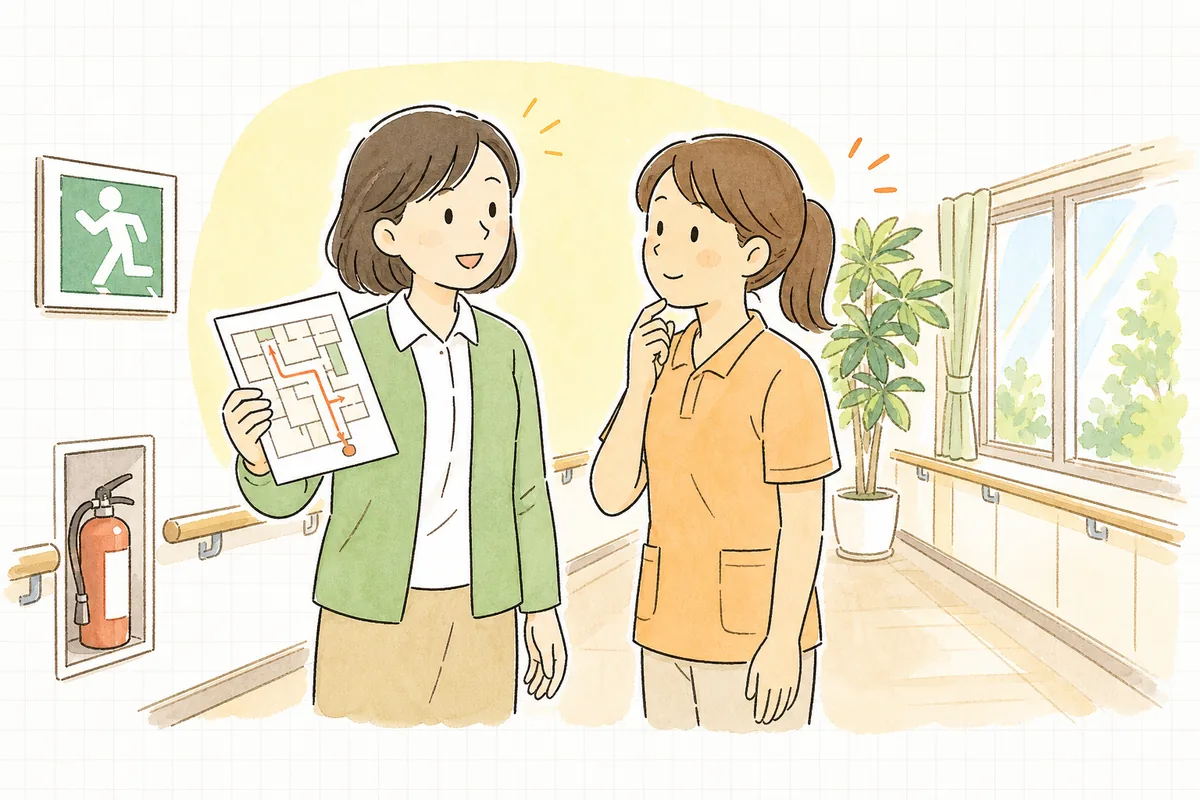 施設の廊下で避難経路図を片手に、職員と一緒に避難訓練の段取りを確認する介護事業所の事務担当者