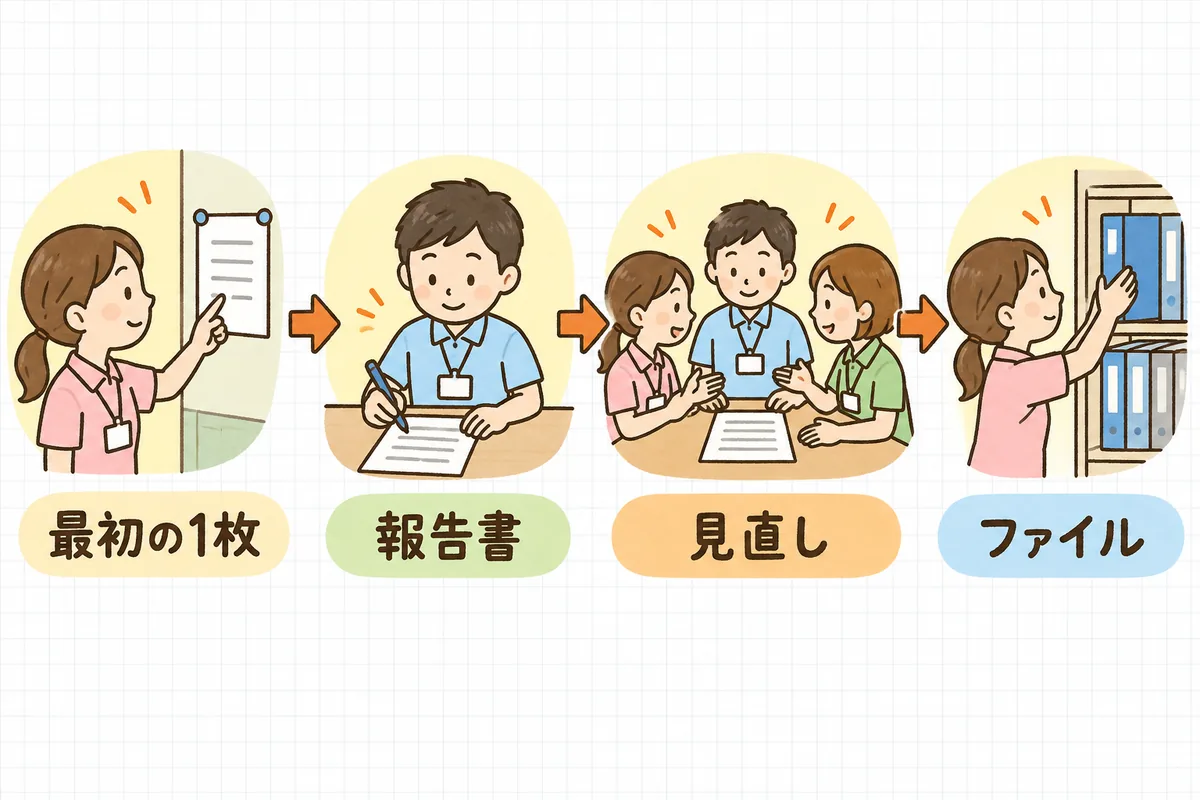 事故対応の書類を、最初の1枚・報告書・見直し・ファイルの4つの段階で左から右へ順につないだ流れ図