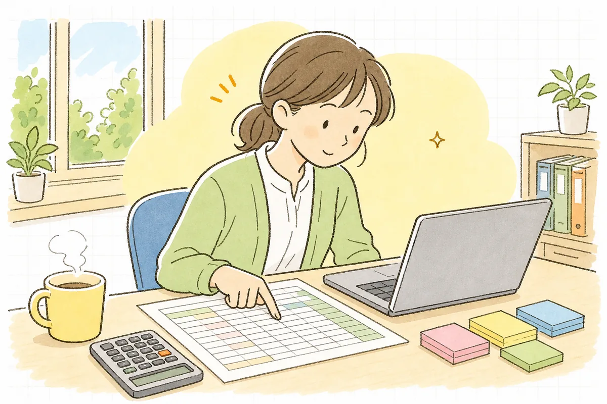 提供票別表（実績記録票）の紙と、介護ソフトの請求データ画面を見比べ、サービスの回数や単位が合っているかを一行ずつ確認する介護事務の担当者