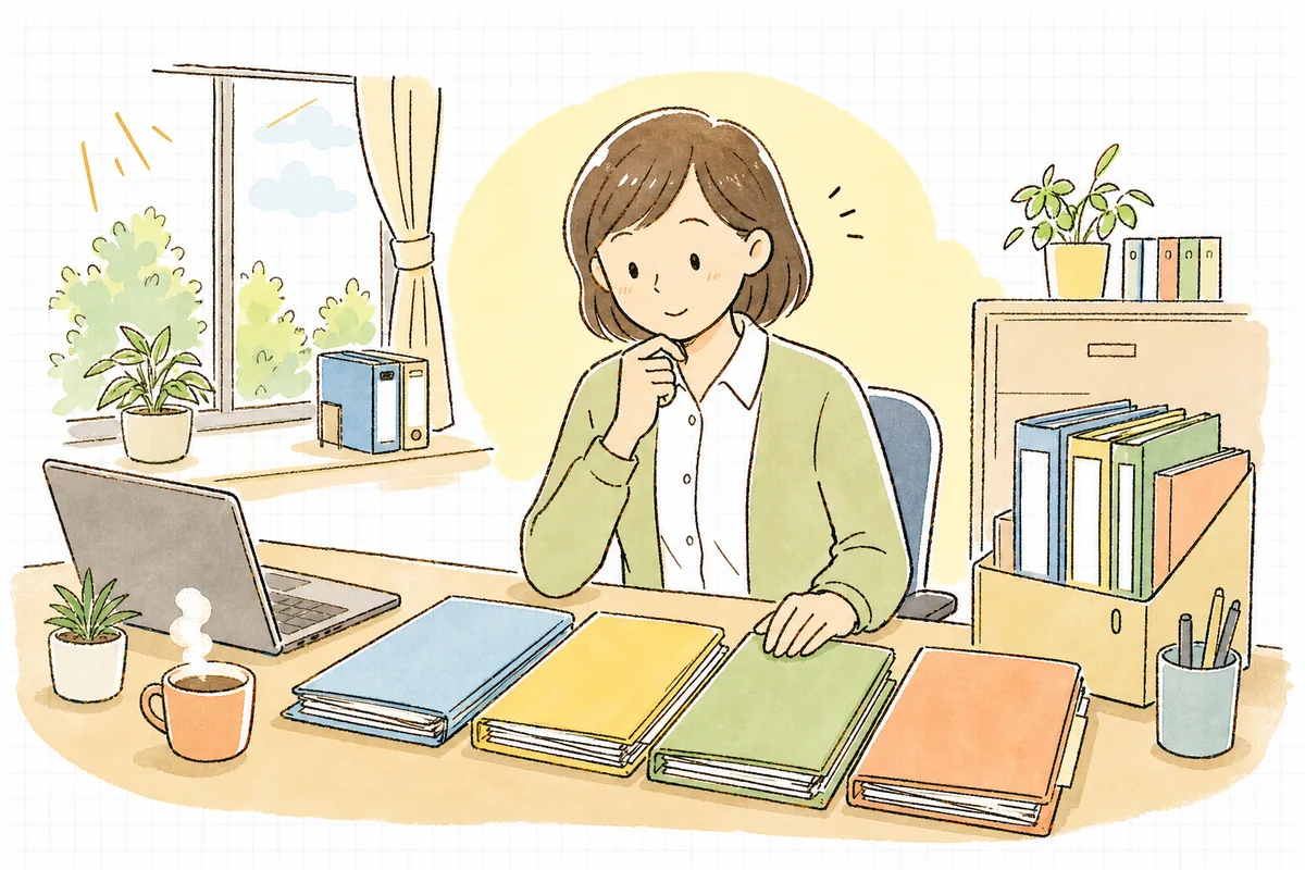 分野ごとに分けたファイルの束を前に、実地指導で見られる書類を落ち着いて確認しようとする介護事業所の事務担当者
