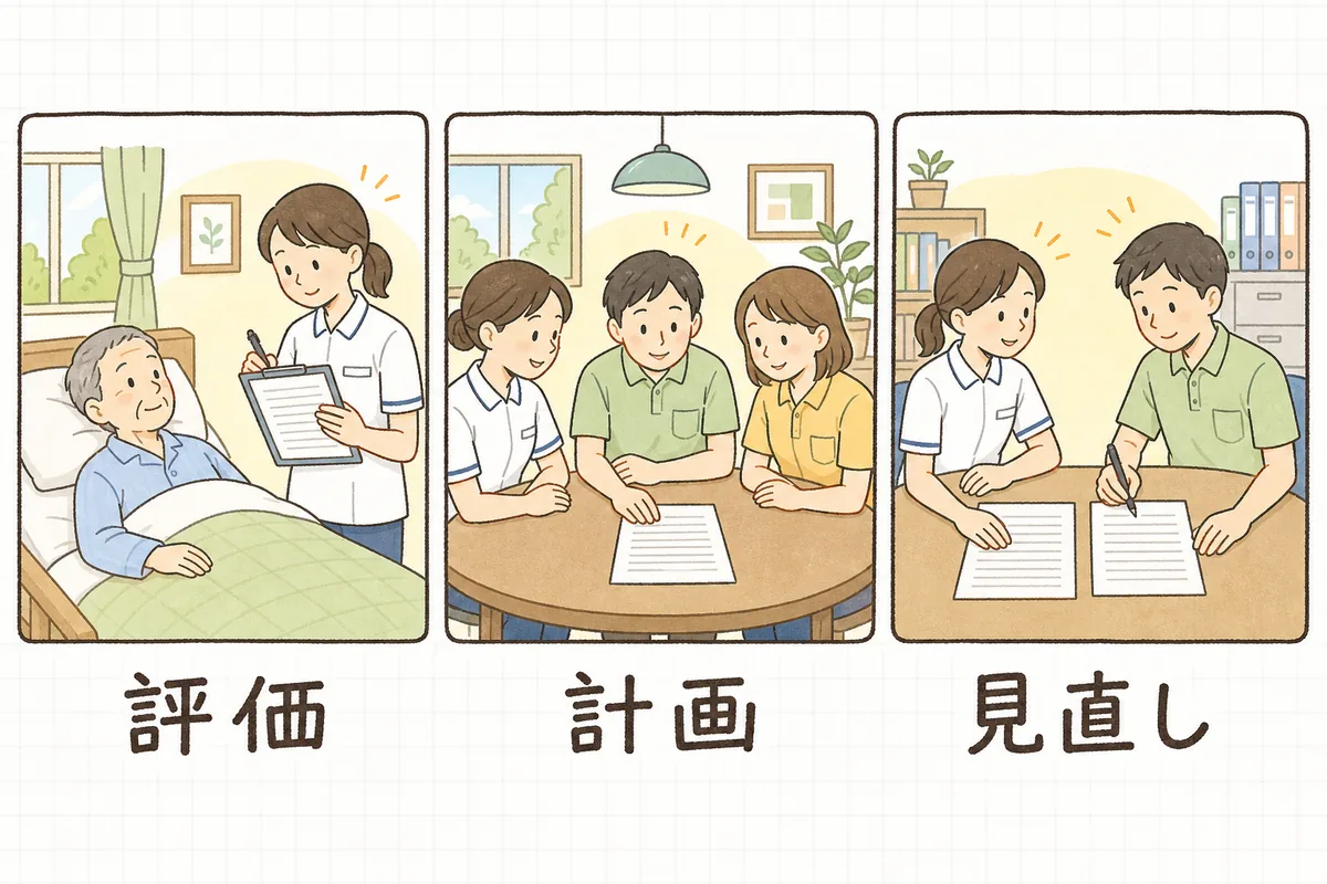 評価・計画・見直しの3つの場面を横に並べ、褥瘡マネジメント加算で3か月ごとにまわす流れを示した説明図