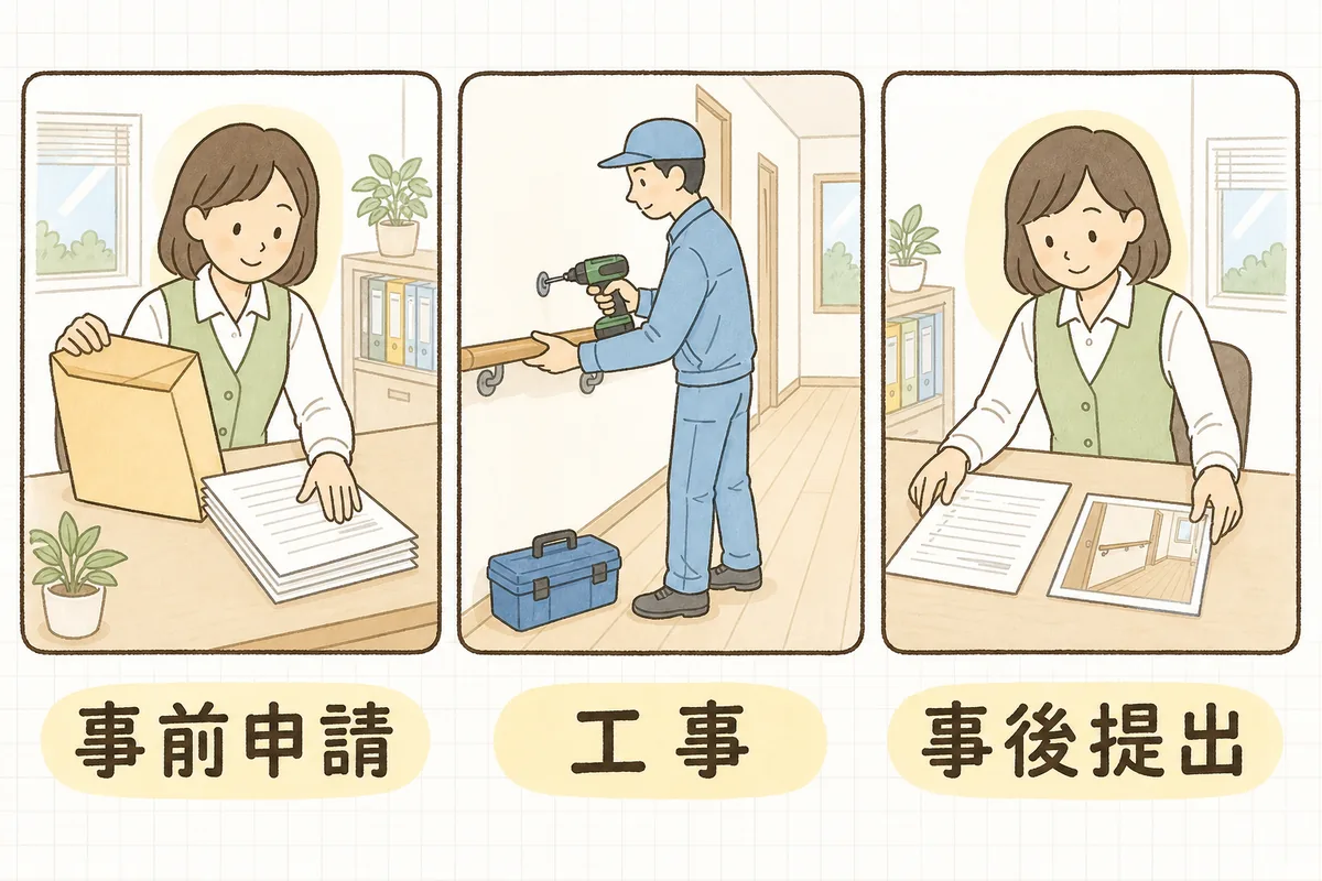 事前申請・工事・事後提出の3つの場面を横に並べ、住宅改修費の手続きが進む順番を示した説明図