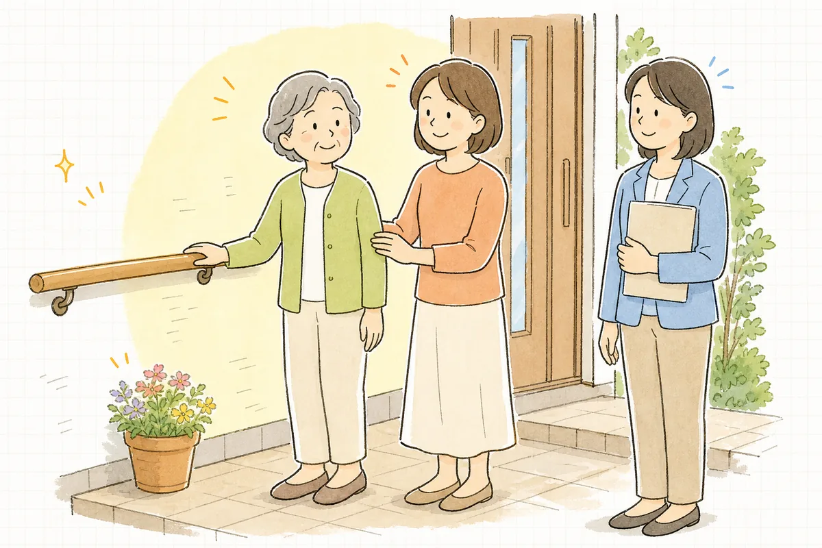 手すりの付いた明るい玄関先で、高齢の女性利用者とご家族、事務担当者が穏やかにほほえんで立っている場面