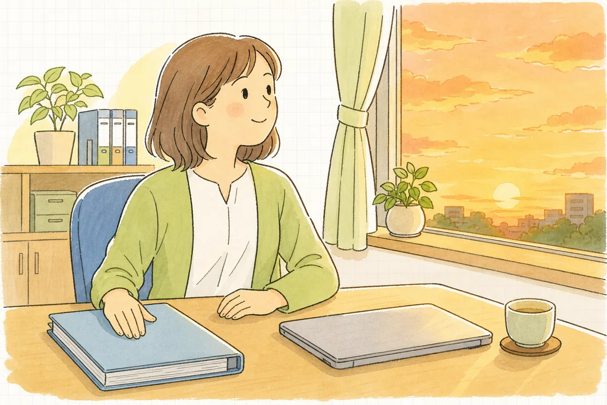 月末の事務室で、チェック印がそろった一覧表をファイルに綴じ終え、ほっとした笑顔で窓の外の夕方の空を見ている介護事業所の事務担当者