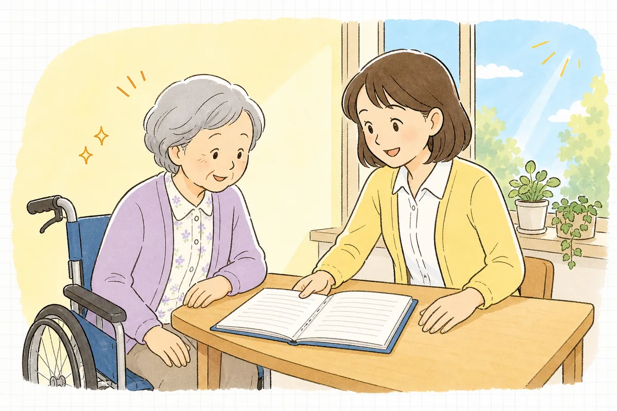 明るい窓辺で、記録のファイルを手にした事務担当者と高齢の女性利用者が並んで穏やかにほほえんでいる場面