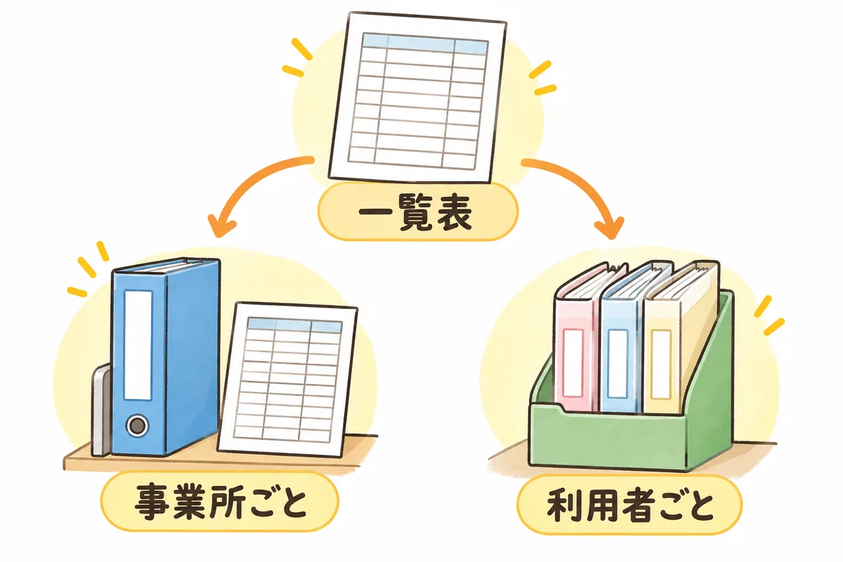 上に1枚の一覧表があり、その下に事業所全体の根拠を綴じたファイルと、利用者ごとの根拠を綴じたファイルの2つが並び、一覧表から2つのファイルへ線がつながっている図