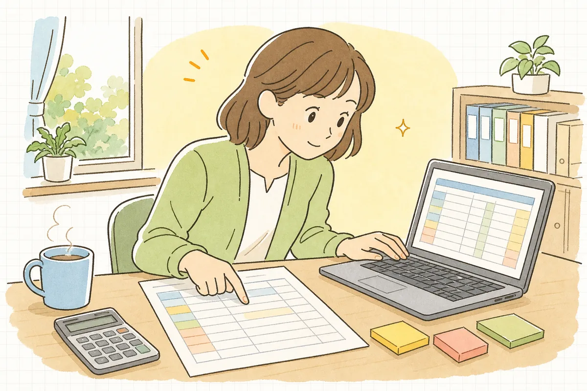 体制届を出している加算の一覧表と、介護ソフトの請求明細画面を見比べ、加算が漏れなく載っているかを一行ずつ確認する介護事務の担当者