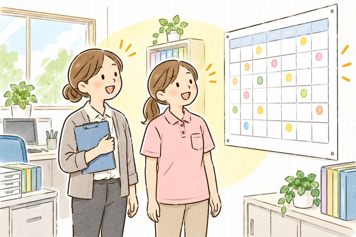 明るい事務室で、職員と一緒に研修の予定が書き込まれた年間カレンダーを見ながら笑顔で話している事務担当者