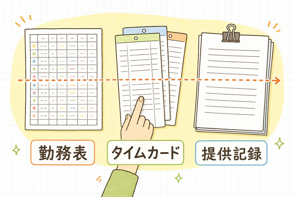 予定の勤務表、タイムカード、サービス提供の記録の3つを横に並べ、事務担当者が同じ日付を指でたどって突き合わせている説明図