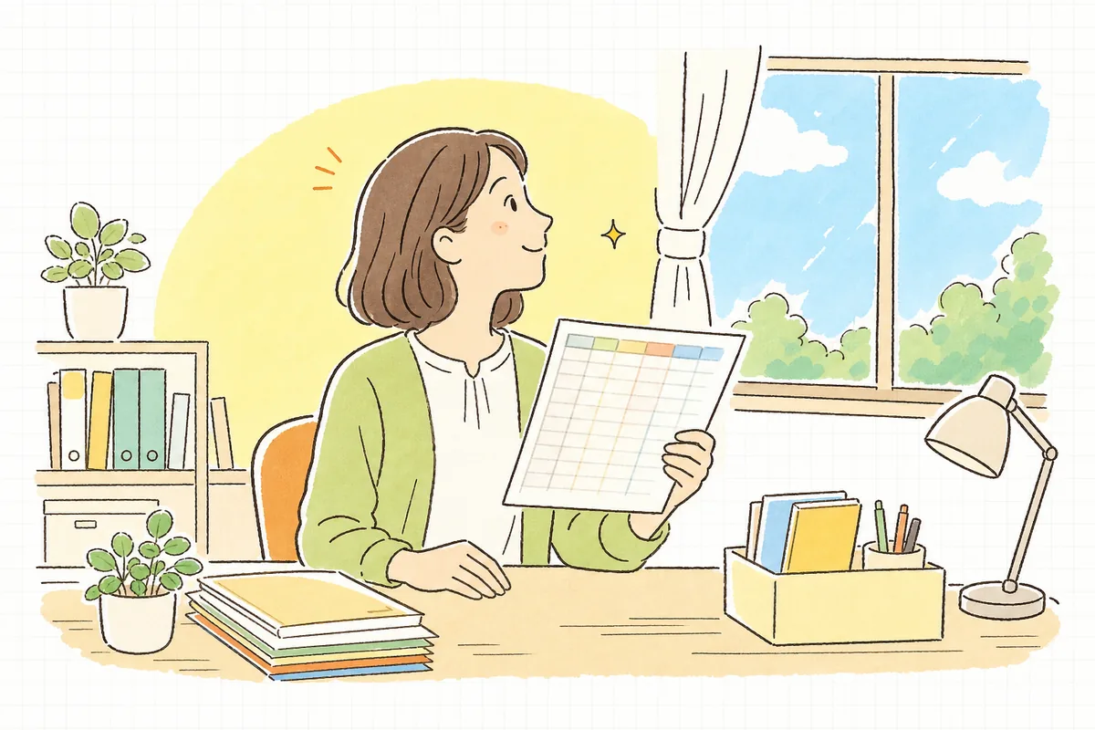 利用者ごとの算定時期を整理し終えた一覧表を手に、窓辺で肩の力を抜いてやわらかくほほえんでいる介護事業所の事務担当者