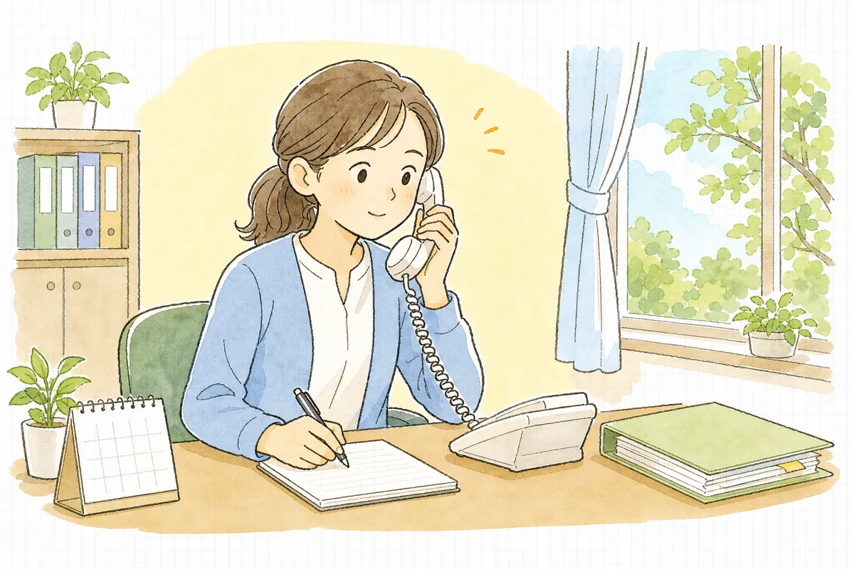 相談室の固定電話でご家族からの苦情を受け、落ち着いて相手の話に耳を傾けながらメモを取る介護事業所の事務担当者