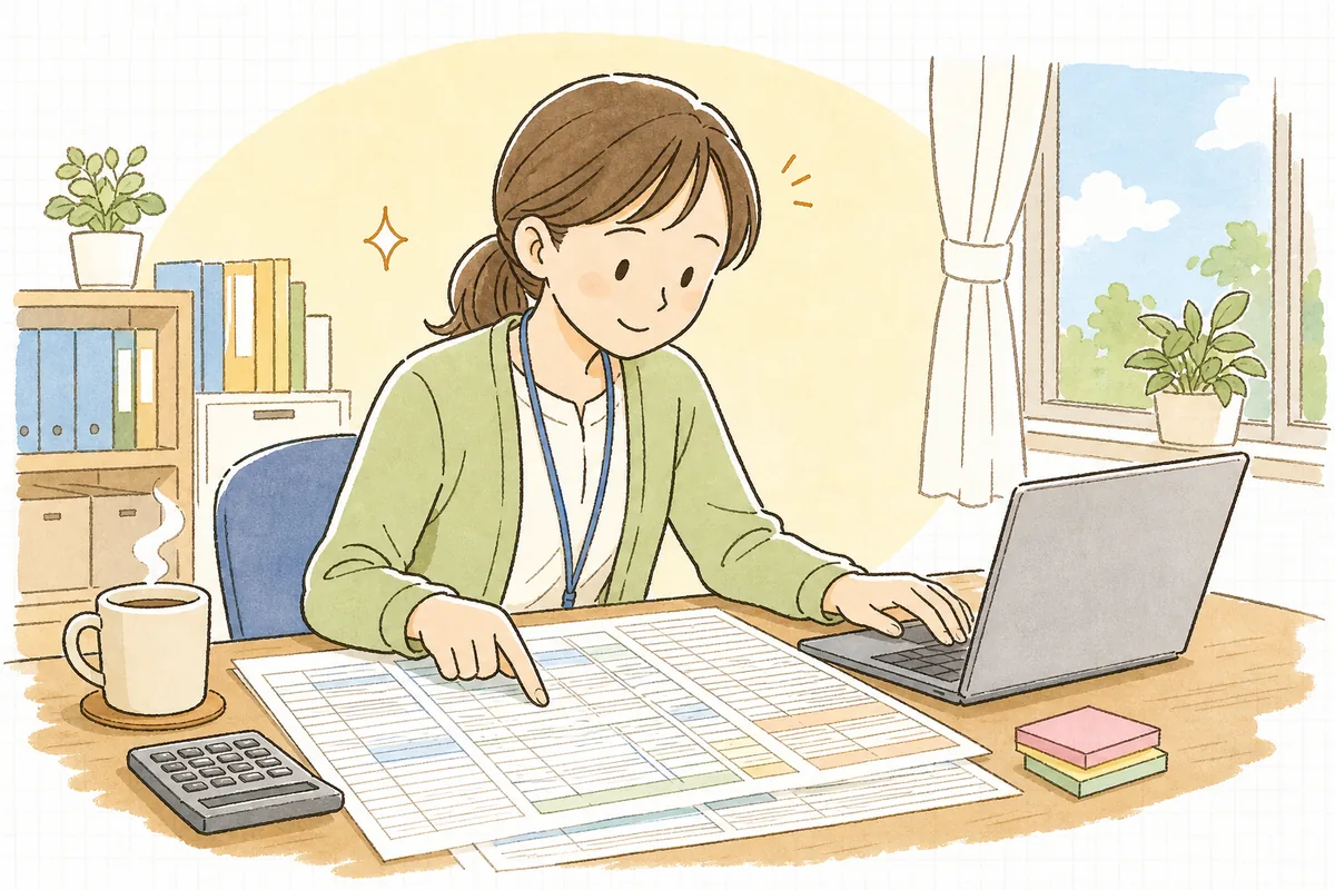 事務机で介護給付費明細書と介護ソフトの画面を見比べ、欄を上から順に指でたどりながら請求内容を確認する介護事務の担当者