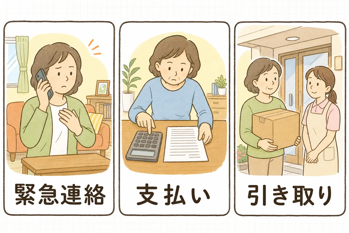電話で急な連絡を受ける場面、請求書と電卓で利用料の支払いを確かめる場面、退所の日に段ボールの荷物を受け取る場面という、身元引受人に期待される3つの役割を横に並べた説明図