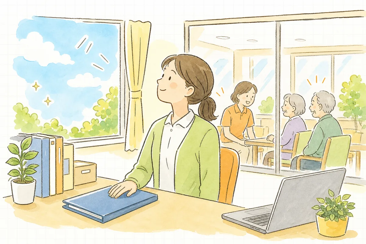 整えた料金表のファイルを閉じて、明るい窓辺で肩の力を抜いて穏やかにほほえんでいる介護事業所の事務担当者