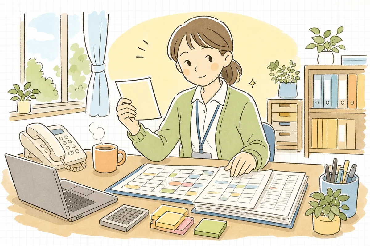 利用者の入院連絡のメモを手に、居室の予定表とサービスの記録を見比べながら、これから何を確認すべきか落ち着いて整理しようとする介護事業所の事務担当者