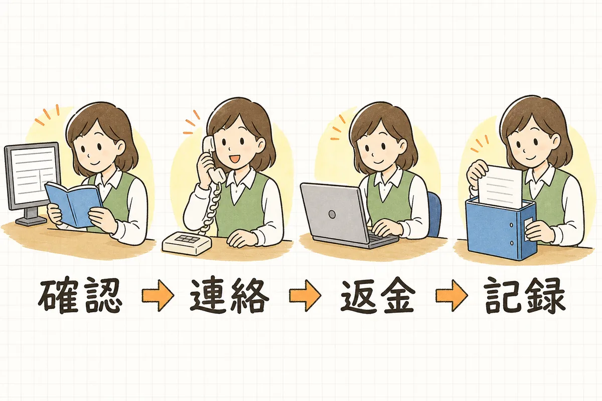 返金処理を「確認」「連絡」「返金」「記録」の4つの場面に分けて左から順に並べた説明図