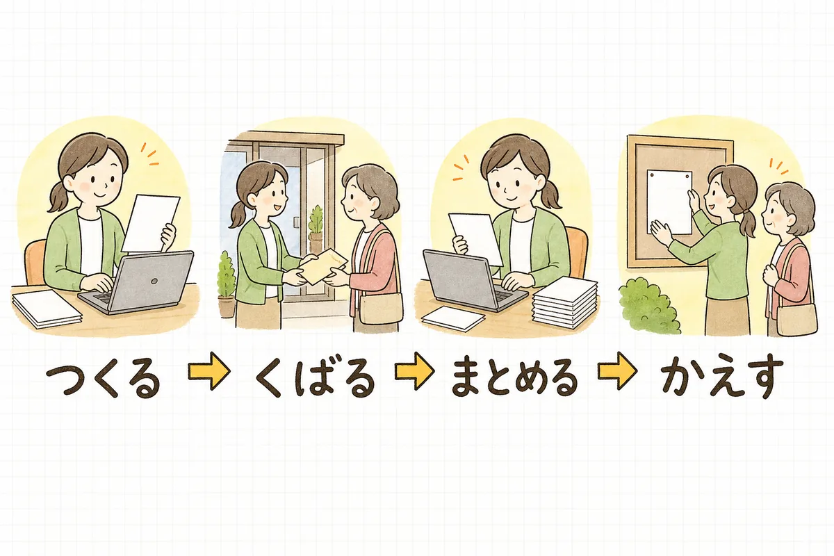満足度アンケートの流れを「つくる」「くばる」「まとめる」「かえす」の4つの場面で左から順に並べた図