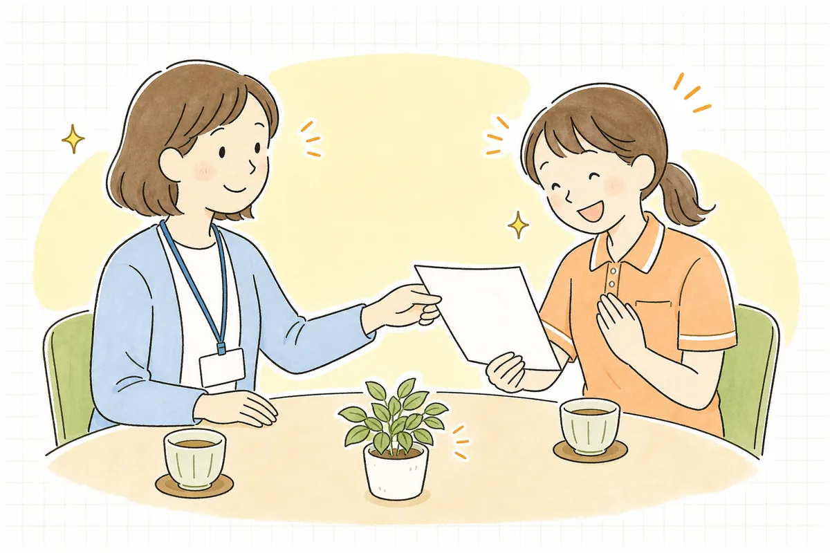介護施設の休憩スペースで、事務担当者が介護職員にアンケートのお礼の声を見せ、2人で笑顔になっている明るい情景