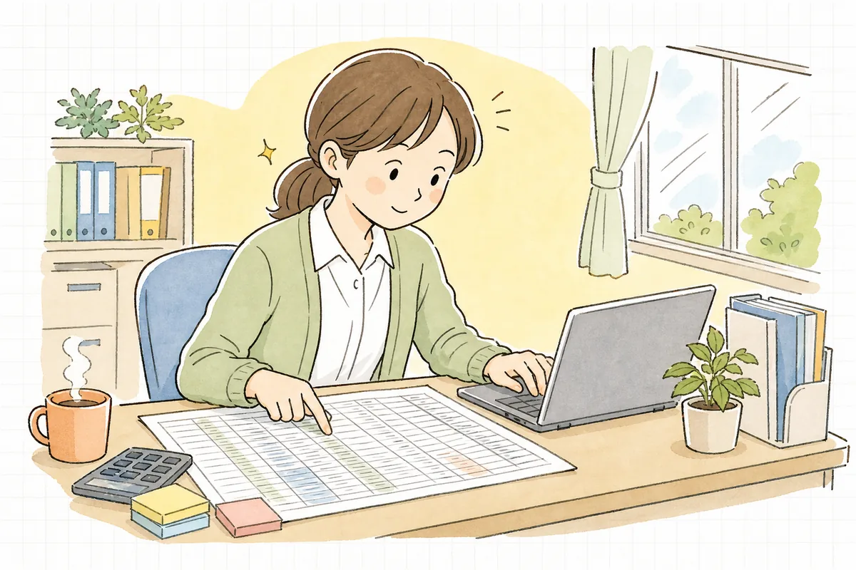 事務机でサービスコード表と介護ソフトの画面を見比べ、コードの桁を指でたどりながら単位数を確認する介護事務の担当者
