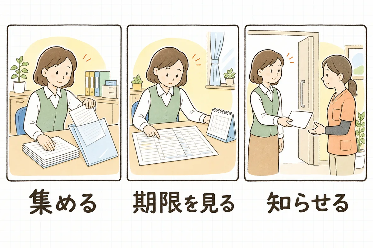 資格の写しを集める場面、期限の一覧を見る場面、本人へ知らせる場面の3つを横に並べ、資格情報の管理の流れを示した説明図