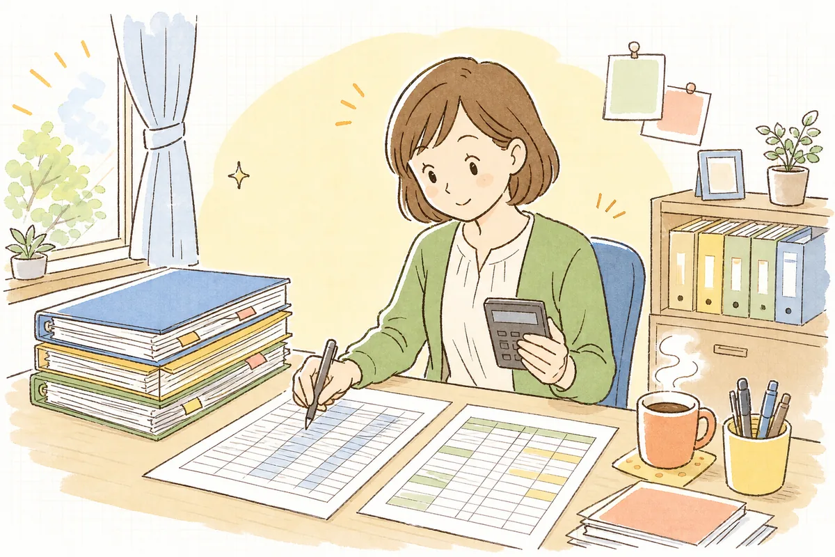 事務室の机で処遇改善加算の給与資料と加算の集計表を並べ、電卓を手に金額を突き合わせている介護事業所の事務担当者