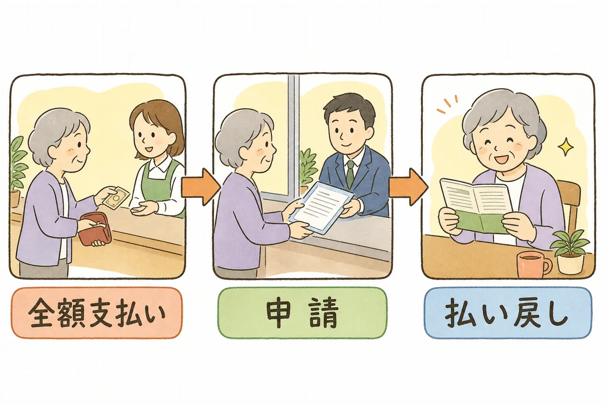 左に事業所の受付で利用者が支払いをする場面、中央に市区町村の窓口で書類を出す場面、右に通帳を見てほっとする利用者の場面を並べ、償還払いの流れを3段階で表した図