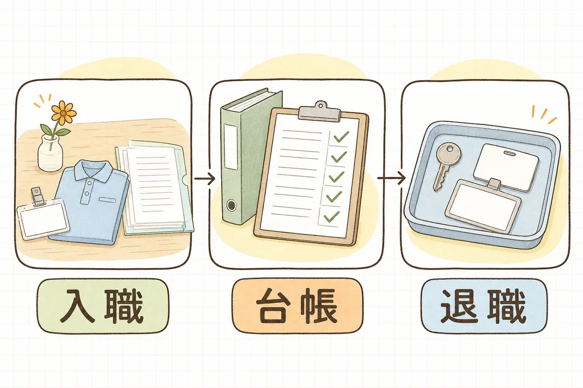 左に新しい職員のための名札と書類のセット、中央に職員台帳のファイルとチェック欄のある一覧表、右に返却された鍵とIDカードが入ったトレーを並べ、入職と退職の手続きを台帳でつなぐ流れを表した図