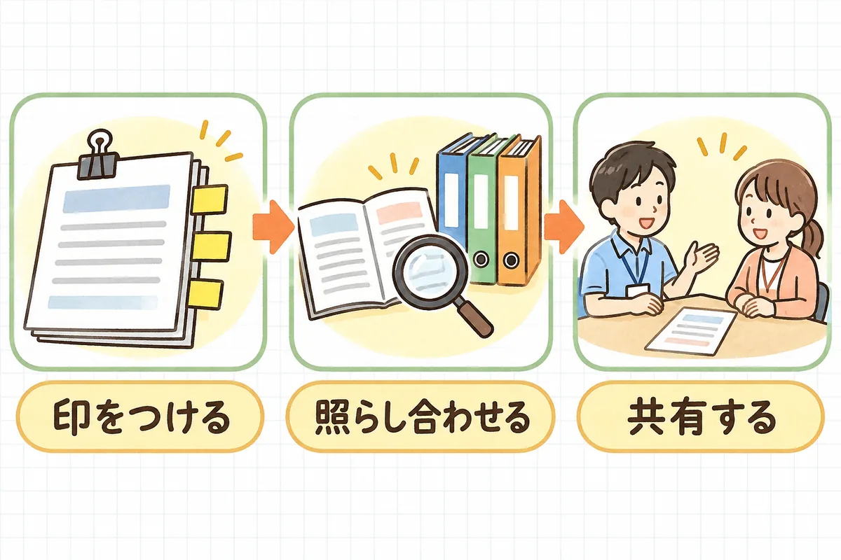 横に3つの枠が並び、左の枠には付せんを貼った資料の束、中央の枠には資料と事業所のファイルを並べて見比べる様子、右の枠には1枚の紙を囲んで話す2人が描かれ、それぞれの下にラベルがある図
