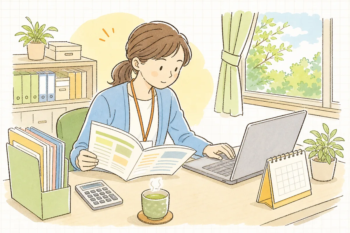 事務室の机で、市町村の総合事業の手引きと請求ソフトの画面を見比べながら、要支援の利用者の請求を落ち着いて確認している介護事業所の事務担当者