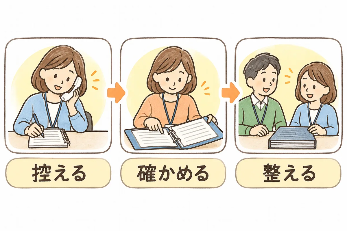 横に3つの場面が並び、左は電話の内容をメモに書き留める事務担当者、中央はファイルを開いて記録を確かめる事務担当者、右は管理者と並んで改善の記録を整える事務担当者が描かれ、それぞれの下にラベルがある図