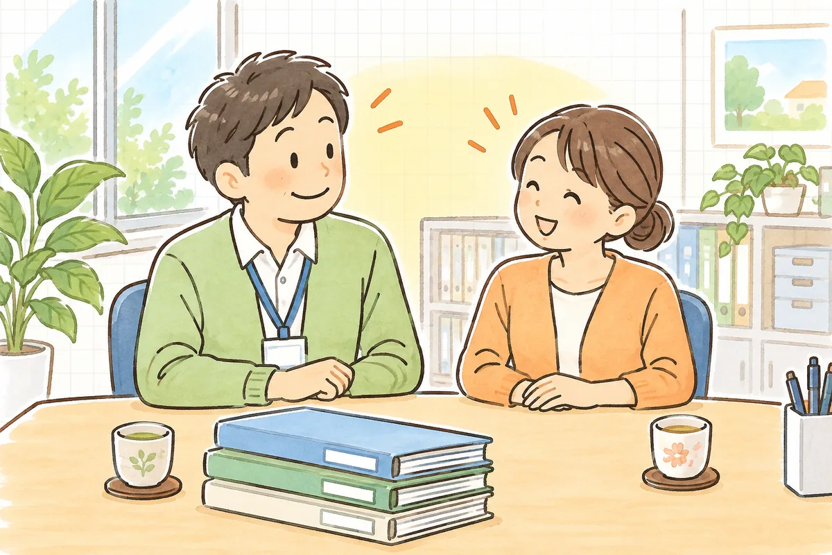 整理を終えたファイルを前に、管理者と事務担当者が並んで座り、穏やかにうなずき合っている明るい事務室の様子