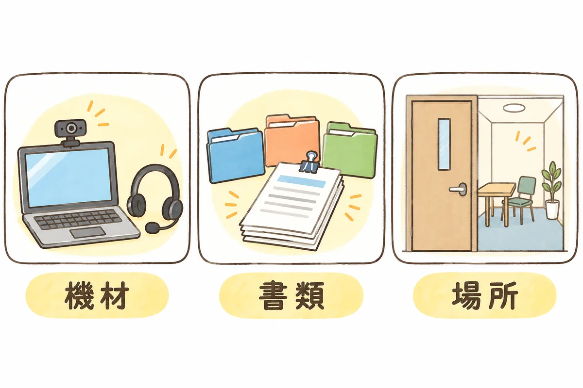 横に3つの枠が並び、左の枠にはノートパソコンとカメラ、中央の枠にはフォルダと書類の束、右の枠には扉の閉まった静かな部屋が描かれ、それぞれの下にラベルがある図
