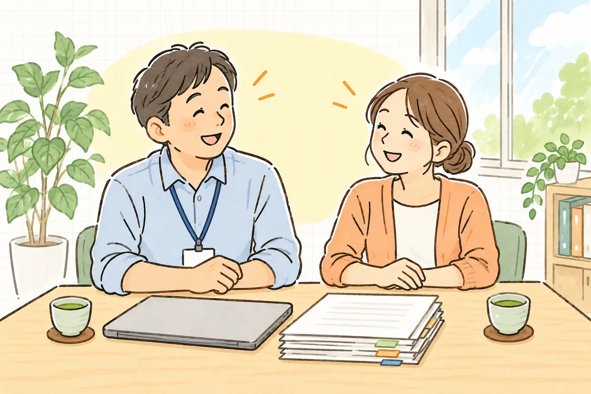 オンラインでの運営指導を終えた会議室で、管理者と事務担当者がノートパソコンの前で顔を見合わせ、ほっとした笑顔を交わしている様子
