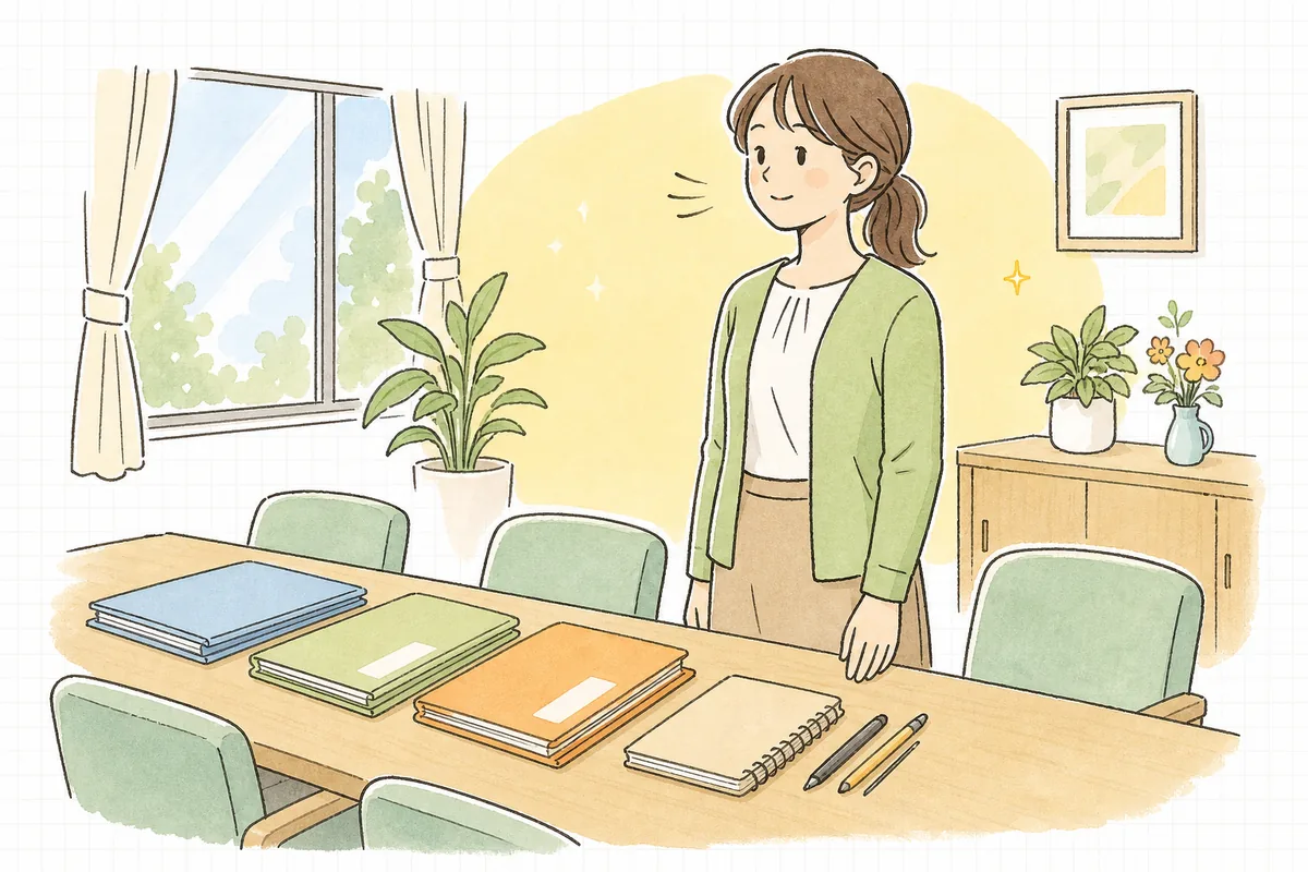 会議机に書類ファイルを並べ終え、運営指導の当日を迎えて静かに気持ちを整えている介護事業所の事務担当者