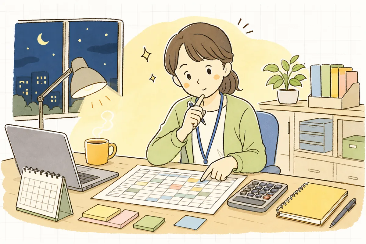 夜間の事務室で勤務表と電卓を前に、夜勤配置の人数を落ち着いて確かめる介護事業所の事務担当者